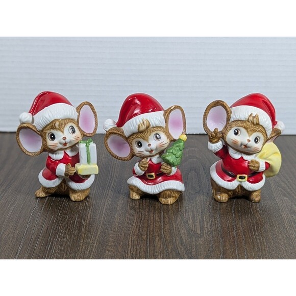 VTG HOMCO Christmas Santa Mice Ceramic Figurines SET OF 3 #5405 Present Bag Tree - Picture 1 of 14
